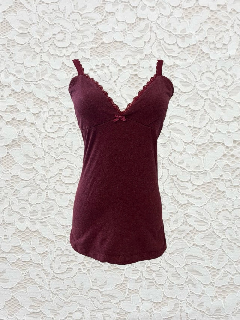 vintage burgundy lace trim babydoll cami tank top with bow detail #coquette